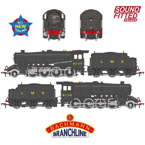 Bachmann Branchline 35-225SFX LMS 8F with Riveted Tender 8036 LMS Black Dcc Sound Deluxe (OO Gauge) Free Postage