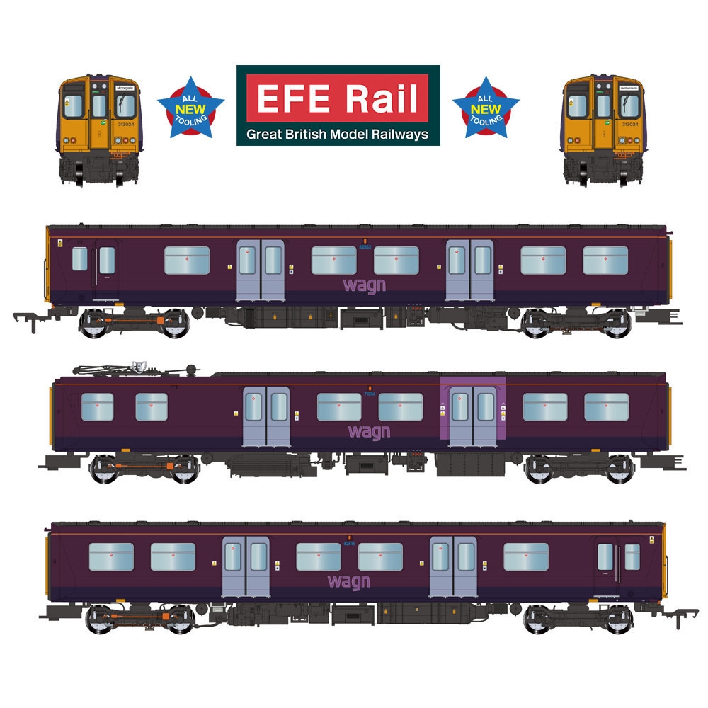 EFE Rail E81007 Class 313 3-Car EMU 313026 West Anglia Great Northern (WAGN) Purple Dcc Ready Plux 22 Socket (OO Gauge) Free Postage