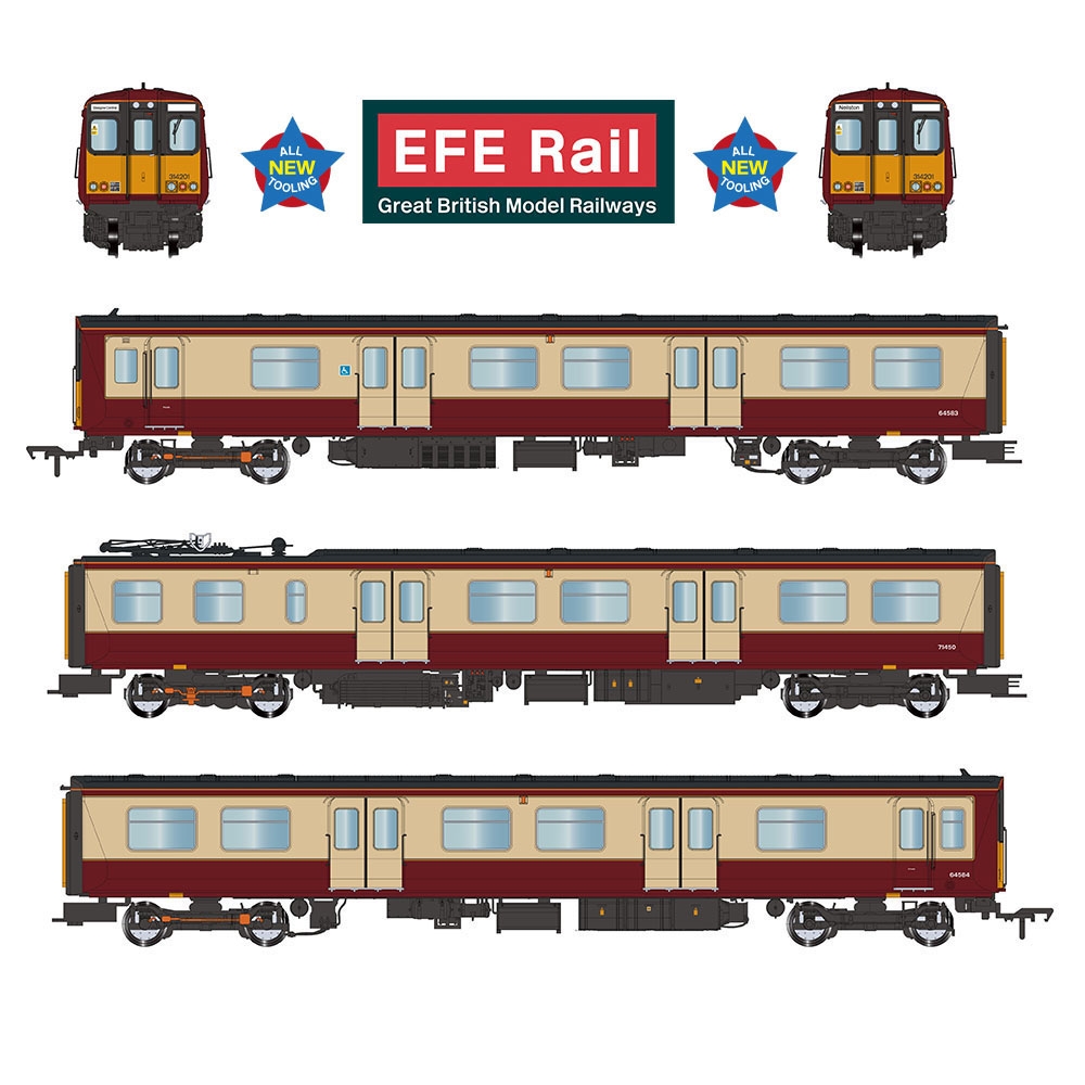 EFE Rail E81011 Class 314 3-Car EMU 314201 Strathclyde PTA Carmine & Cream Dcc Ready Plux 22 Socket (OO Gauge) Free Postage
