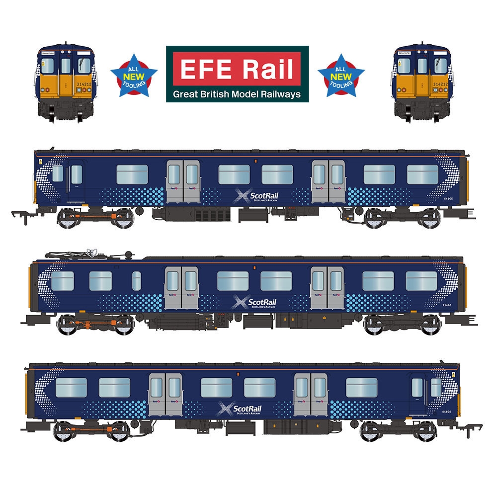 EFE Rail E81012 Class 314 3-Car EMU 314212 ScotRail Saltire Dcc Ready Plux 22 Socket (OO Gauge) Free Postage