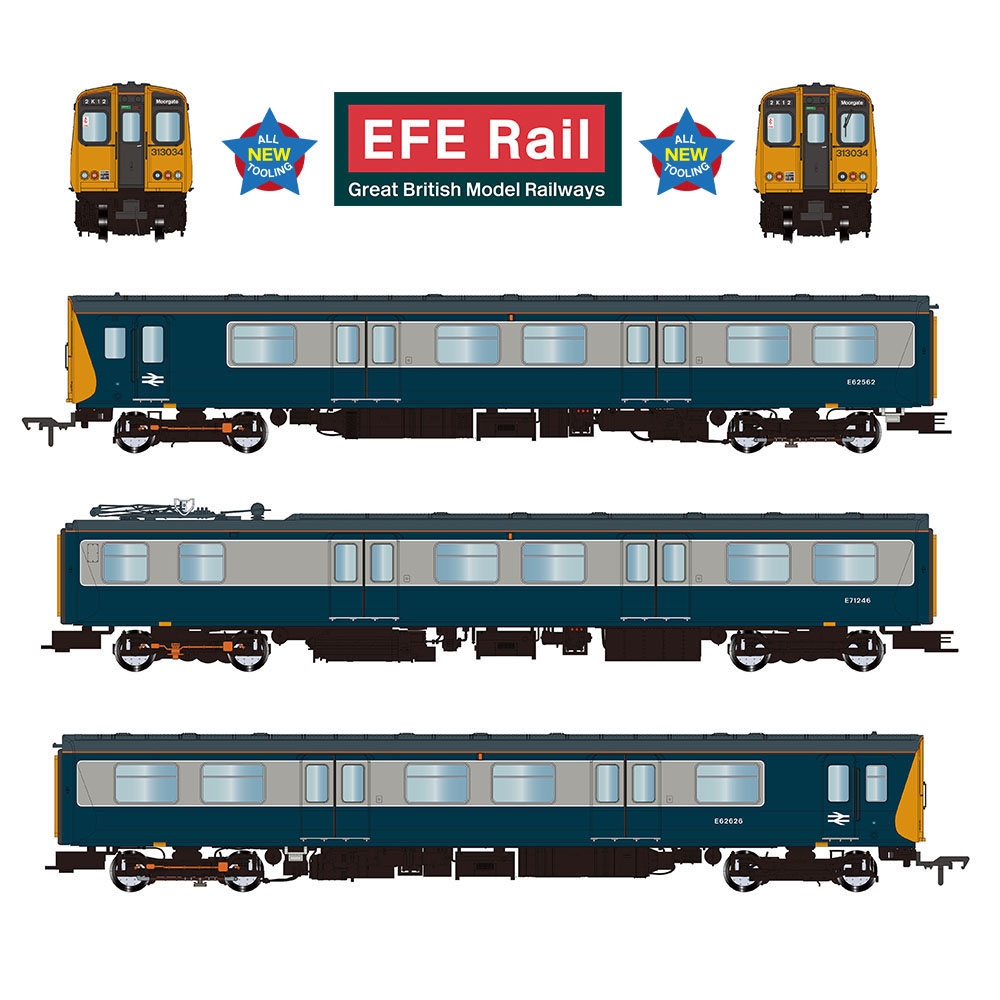 EFE Rail E81001 Class 313 3-Car EMU 313034 BR Blue & Grey Dcc Ready Plux 22 Socket (OO Gauge) Free Postage